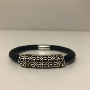 Brighton Double  Woodstock Crystal Accent Flower Lattice Black Leather Bracelet